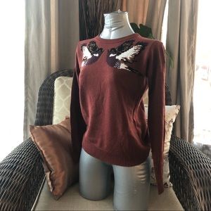 Burned dark brownish orange long sleeve shirt with birds in XS